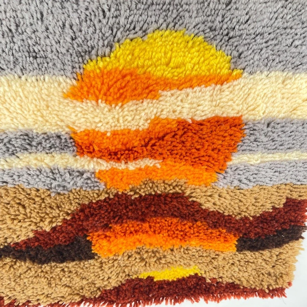 Vtg Latch Hook Wall Hanging Desert Sunset Retro 70s Shag Textile Art 27x20 Boho